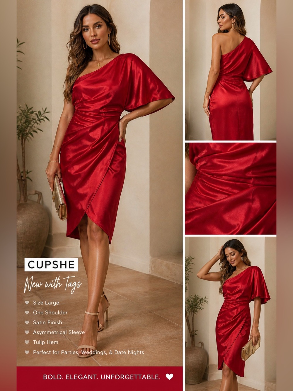 Cupshe Red One-Shoulder Satin Midi Dress with Tulip Hem Size L